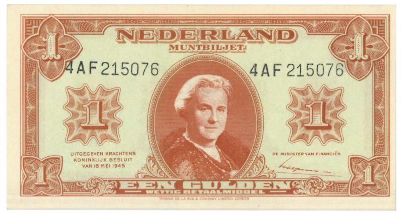 Nederland. 1 gulden. Muntbiljet. Type 1945. - Prachtig +.