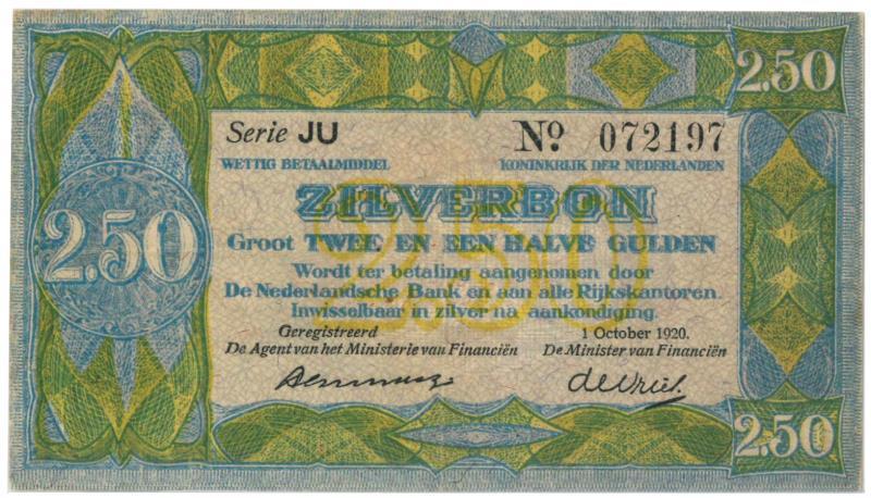 Nederland. 2½ gulden. Zilverbon. Type 1918. - Zeer Fraai +.