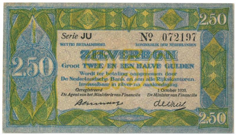 Nederland. 2½ gulden. Zilverbon. Type 1918. - Zeer Fraai +.