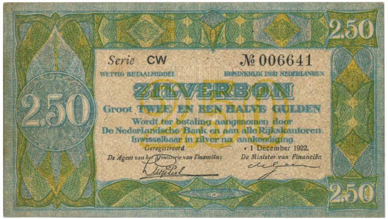 Nederland. 2½ gulden. Zilverbon. Type 1918. - Zeer Fraai.