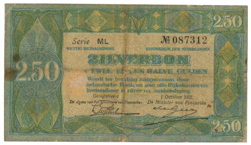 Nederland. 2½ gulden. Zilverbon. Type 1918. - Fraai +.