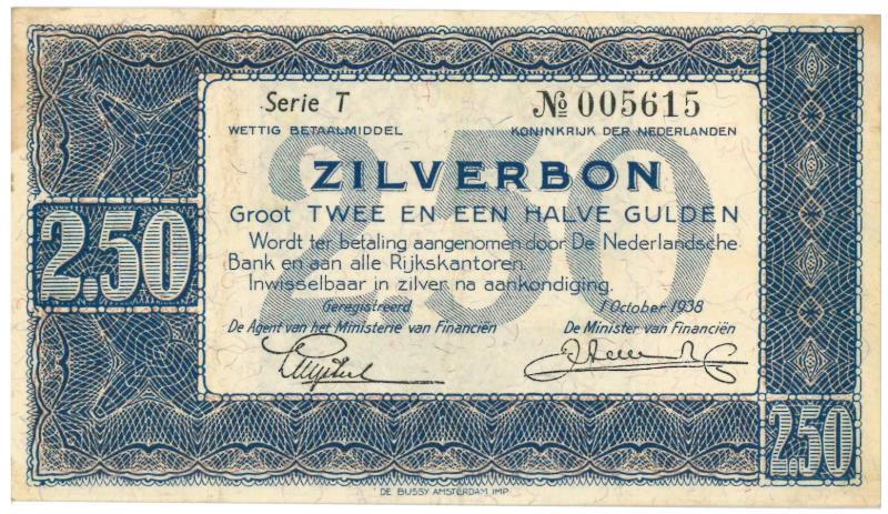 Nederland. 2½ gulden. Zilverbon. Type 1938. - Prachtig +.