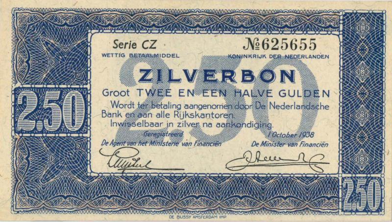 Nederland. 2½ gulden. Zilverbon. Type 1938. - UNC.