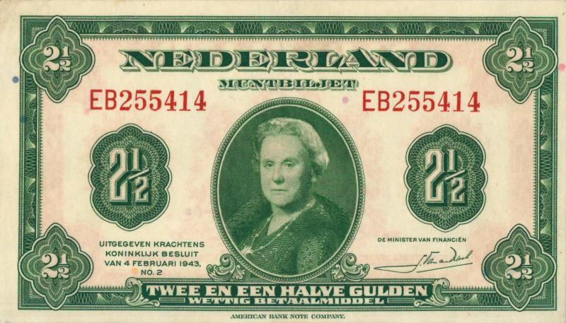 Nederland. 2½ gulden. Muntbiljet. Type 1943. - Prachtig +.