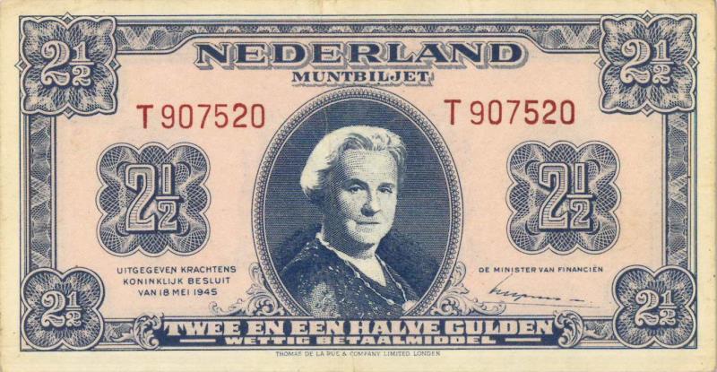 Nederland. 2½ gulden. Muntbiljet. Type 1945. - Prachtig.