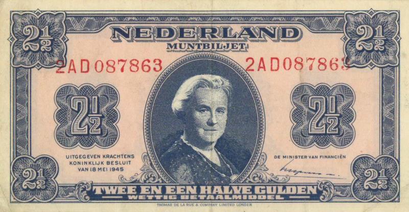 Nederland. 2½ gulden. Muntbiljet. Type 1945. - Zeer Fraai / Prachtig.