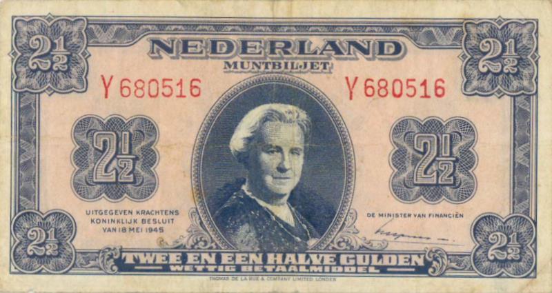 Nederland. 2½ gulden. Muntbiljet. Type 1945. - Zeer Fraai.