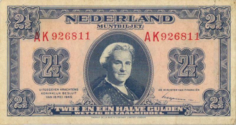 Nederland. 2½ gulden. Muntbiljet. Type 1945. - Zeer Fraai +.