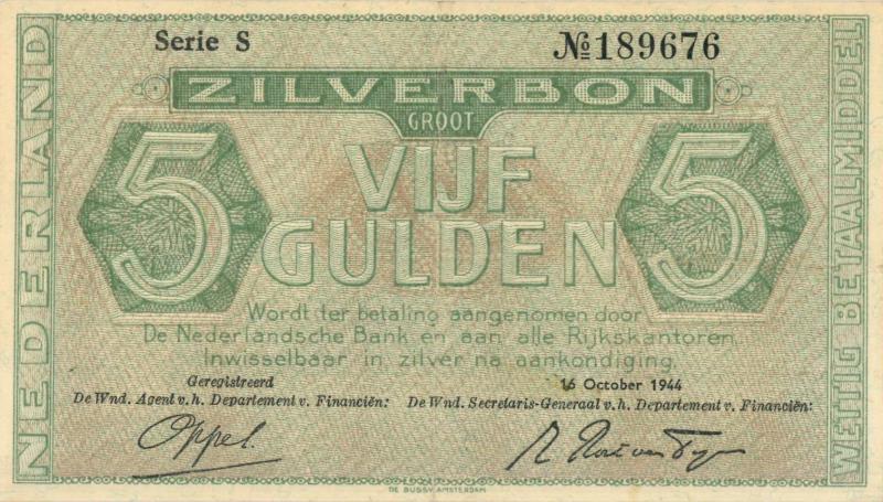 Nederland. 5 gulden. Zilverbon. Type 1944. - Zeer Fraai +.