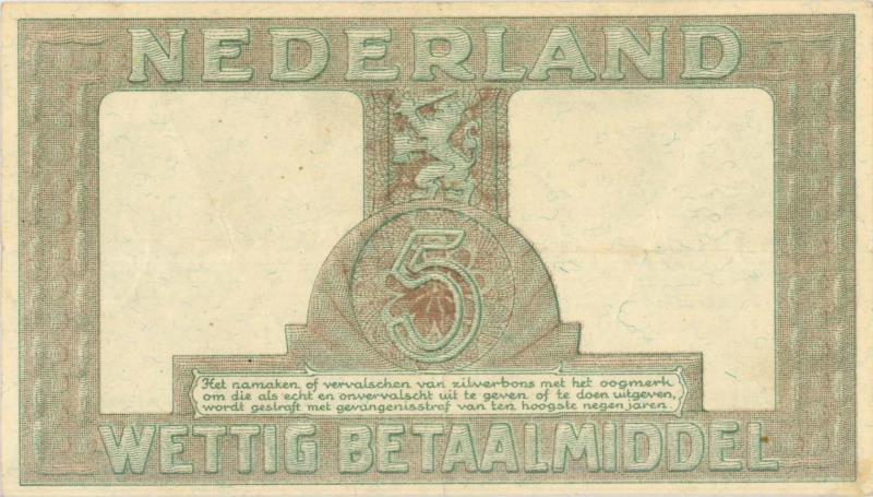 Nederland. 5 gulden. Zilverbon. Type 1944. - Zeer Fraai +.