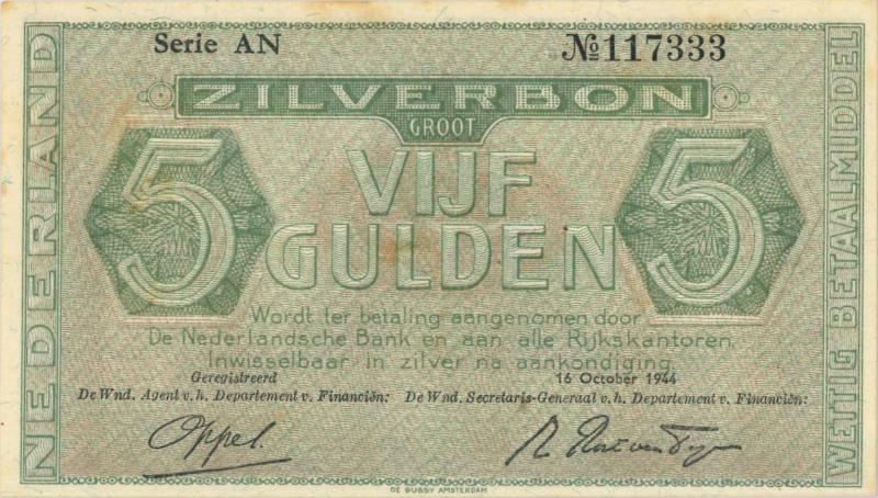 Nederland. 5 gulden. Zilverbon. Type 1944. - Zeer Fraai +.