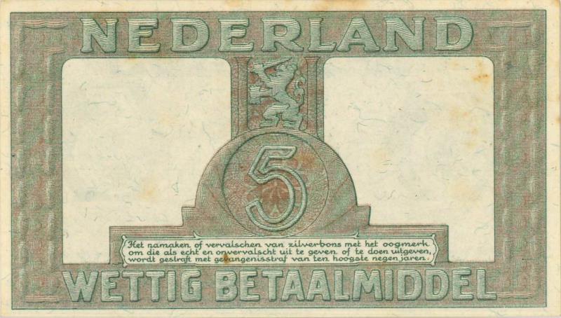 Nederland. 5 gulden. Zilverbon. Type 1944. - Zeer Fraai +.