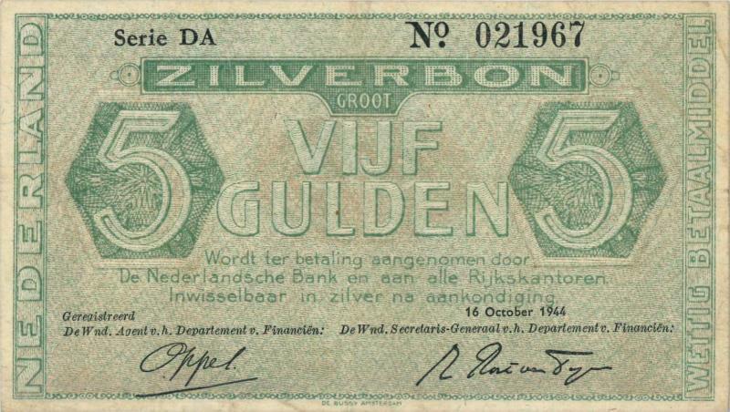 Nederland. 5 gulden. Zilverbon. Type 1944. - Zeer Fraai +.