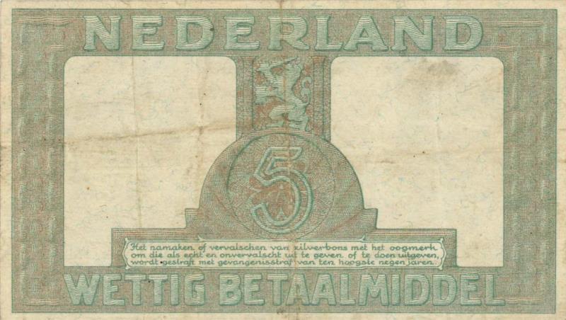 Nederland. 5 gulden. Zilverbon. Type 1944. - Zeer Fraai +.