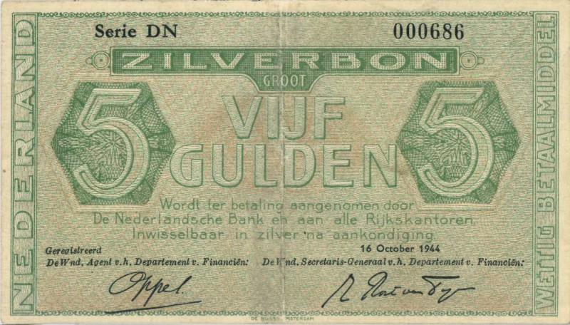 Nederland. 5 gulden. Zilverbon. Type 1944. - Zeer Fraai +.