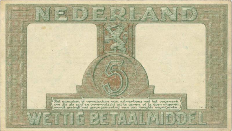 Nederland. 5 gulden. Zilverbon. Type 1944. - Zeer Fraai +.