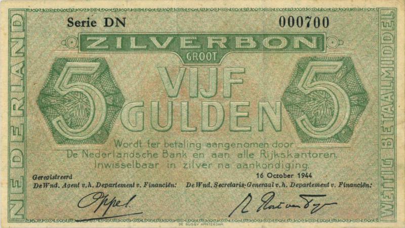 Nederland. 5 gulden. Zilverbon. Type 1944. - Zeer Fraai +.