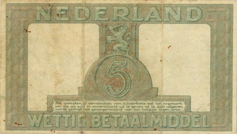 Nederland. 5 gulden. Zilverbon. Type 1944. - Zeer Fraai +.