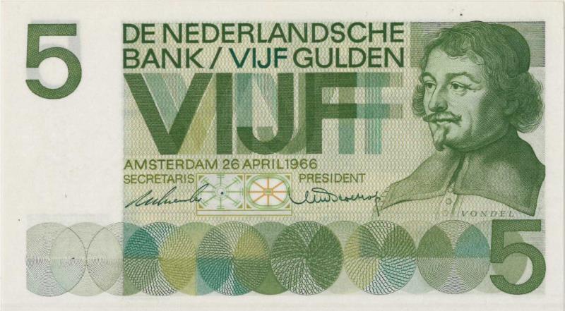 Nederland. 5 gulden. Bankbiljet. Type 1966. Vondel I - Nagenoeg UNC.