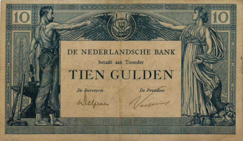 Nederland. 10 gulden. Bankbiljet. Type 1921. Arbeid en welvaart II - Zeer Fraai -.