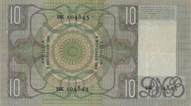 Nederland. 10 gulden. Bankbiljet. Type 1933. Grijsaard - Zeer Fraai -.