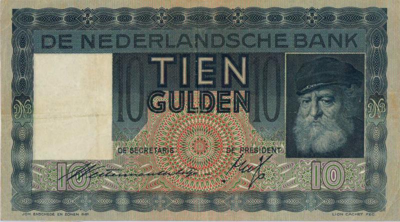 Nederland. 10 gulden. Bankbiljet. Type 1933. Grijsaard - Fraai +.