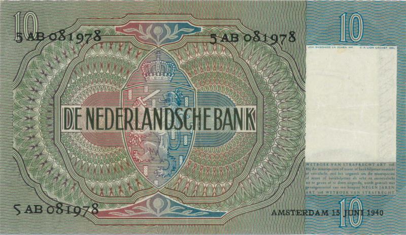 Nederland. 10 gulden. Bankbiljet. Type 1940 I. Emma - Zeer Fraai -.