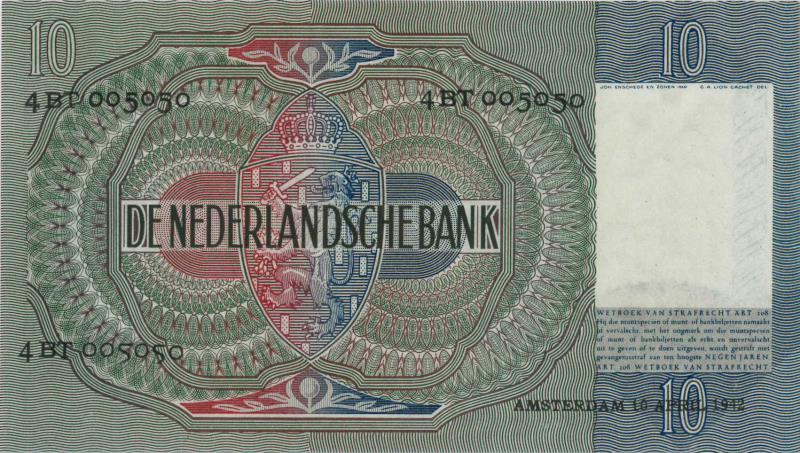 Nederland. 10 gulden. Bankbiljet. Type 1940 II. Meisje met druiven - UNC.