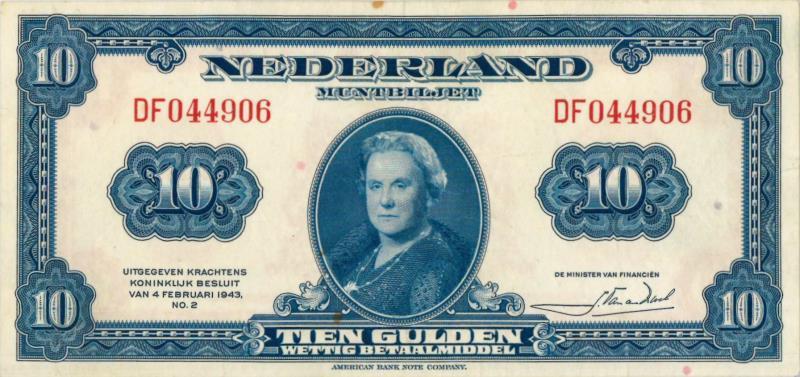 Nederland. 10 gulden. Muntbiljet. Type 1943 II. Wilhelmina - Prachtig +.