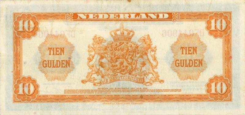 Nederland. 10 gulden. Muntbiljet. Type 1943 II. Wilhelmina - Prachtig +.