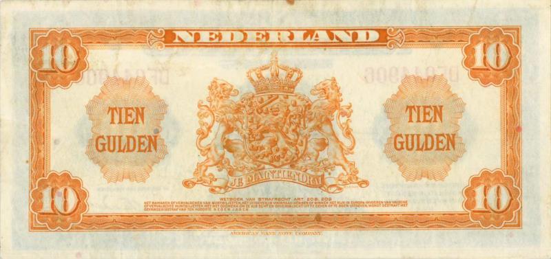 Nederland. 10 gulden. Muntbiljet. Type 1943 II. Wilhelmina - Prachtig +.