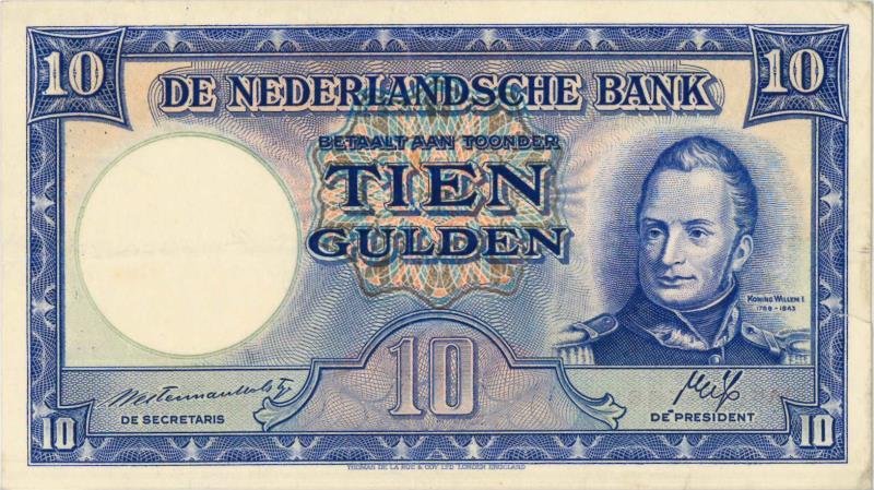 Nederland. 10 gulden. Bankbiljet. Type 1945 II. Willem I - Zeer Fraai.