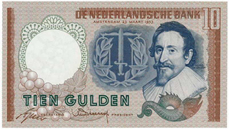 Nederland. 10 gulden. Bankbiljet. Type 1953. Hugo de Groot - About UNC.