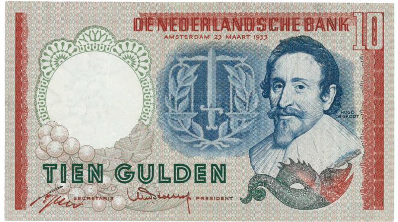 Nederland. 10 gulden. Bankbiljet. Type 1953. Hugo de Groot - Zeer Fraai +.