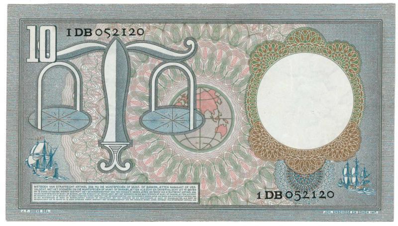 Nederland. 10 gulden. Bankbiljet. Type 1953. Hugo de Groot - Zeer Fraai +.