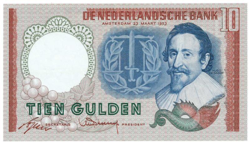 Nederland. 10 gulden. Bankbiljet. Type 1953. Hugo de Groot - Zeer Fraai +.