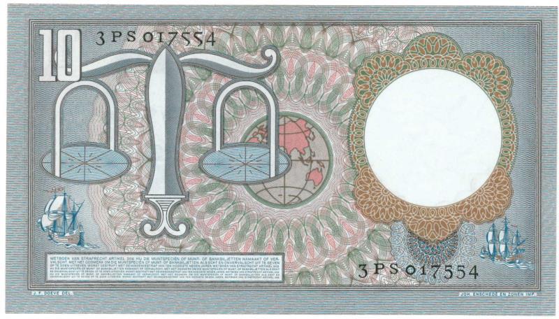 Nederland. 10 gulden. Bankbiljet. Type 1953. Hugo de Groot - Zeer Fraai +.