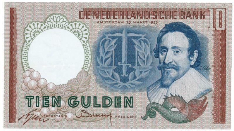 Nederland. 10 gulden. Bankbiljet. Type 1953. Hugo de Groot - Zeer Fraai.