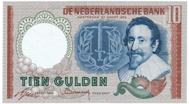 Nederland. 10 gulden. Bankbiljet. Type 1953. Hugo de Groot - Nagenoeg UNC.