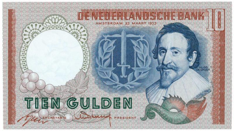 Nederland. 10 gulden. Bankbiljet. Type 1953. Hugo de Groot - Prachtig / UNC.