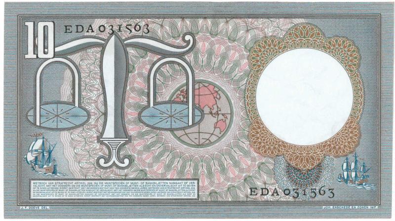 Nederland. 10 gulden. Bankbiljet. Type 1953. Hugo de Groot - Prachtig / UNC.