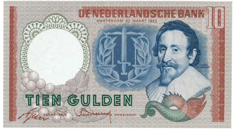 Nederland. 10 gulden. Bankbiljet. Type 1953. Hugo de Groot - Zeer Fraai / Prachtig.