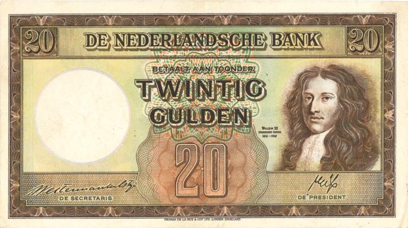 Nederland. 20 gulden. Bankbiljet. Type 1945. Stadhouder Willem III - Fraai / Zeer Fraai.