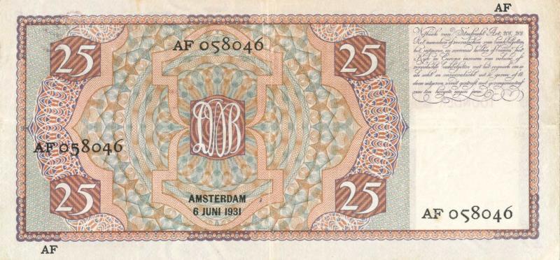 Nederland. 25 gulden. Bankbiljet. Type 1931. Mees - Zeer Fraai +.