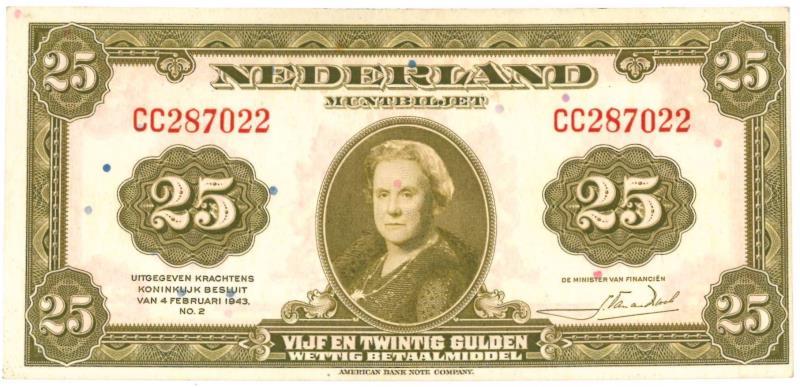 Nederland. 25 gulden. Bankbiljet. Type 1943 II. Wilhelmina - Nagenoeg UNC.