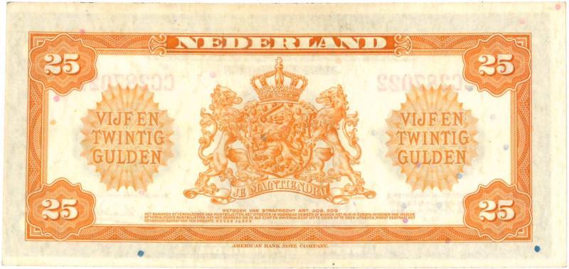 Nederland. 25 gulden. Bankbiljet. Type 1943 II. Wilhelmina - Nagenoeg UNC.