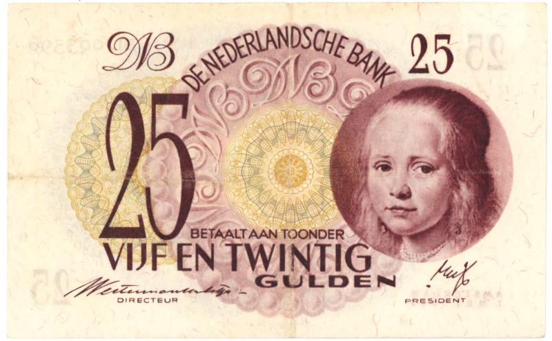 Nederland. 25 gulden. Bankbiljet. Type 1945. Meisje in blauw - Zeer Fraai.
