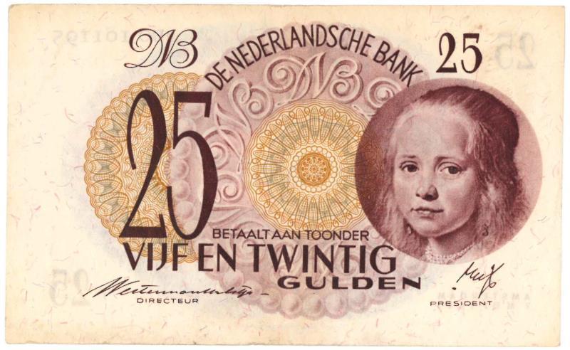 Nederland. 25 gulden. Bankbiljet. Type 1945. Meisje in blauw - Fraai / Zeer Fraai.