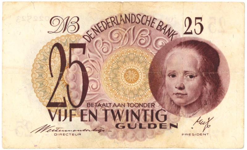 Nederland. 25 gulden. Bankbiljet. Type 1945. Meisje in blauw - Fraai.