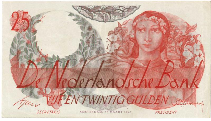 Nederland. 25 gulden. Bankbiljet. Type 1947. Flora - Zeer Fraai.